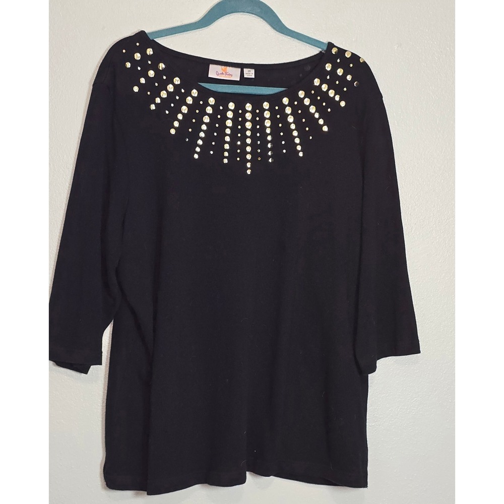 Quacker Factory 2X Black Gold Studded Rhinestone Scoop Neck 3/4 Sleeve Top